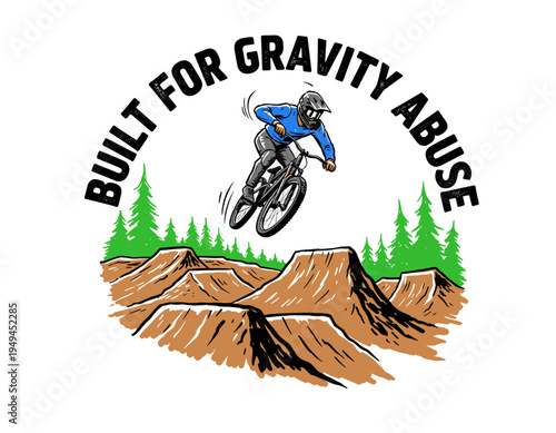Mountain bike extreme sports graphic artwork for t shirt print, poster, sticker, adventure, downhill racing and mountain outdoor sports activities