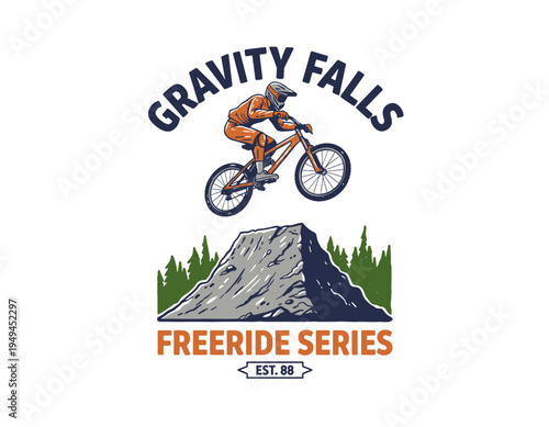 Mountain Bike Freeride Adventure. Forest camp artwork. Summer Adventure at the mountain graphic artwork for t shirt and others. Explore.