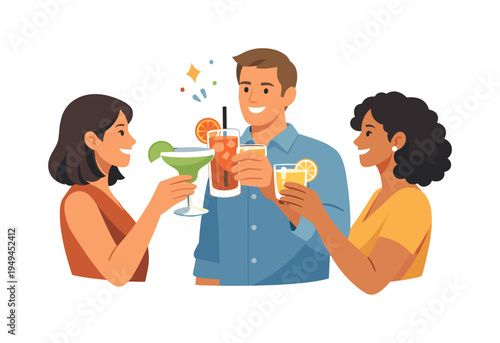 A festive beverage illustration concept representing celebratory drinks shared during a party or social event, represented with sketch style cocktail glasses including a margarita