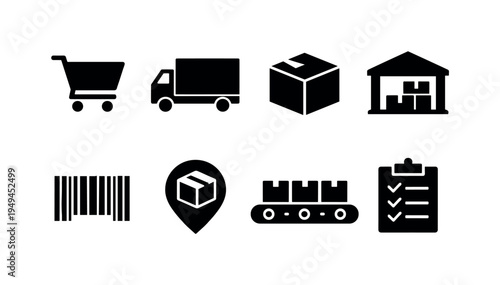 E-commerce logistics: shopping cart, delivery truck, package box, warehouse building, barcode label, location pin with box, conveyor belt, clipboard checklist
