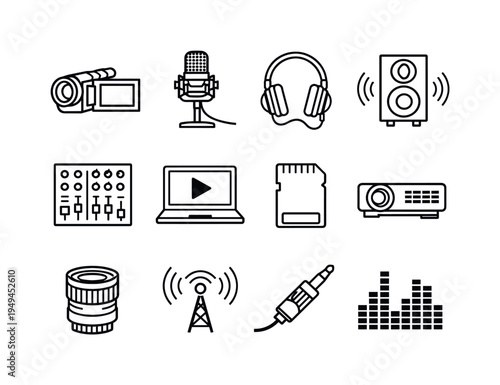 Digital audio video equipment: camcorder device, condenser microphone on stand, headphones with cable, speaker with sound waves, audio mixer console, laptop with play button screen