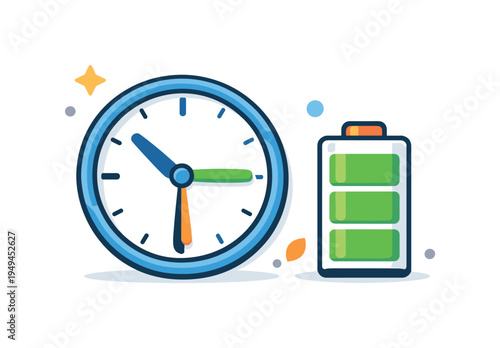 Healthy work rhythm and balanced productivity habits supporting sustainable professional performance and wellbeing, a simple clock placed beside a small battery icon symbolizing