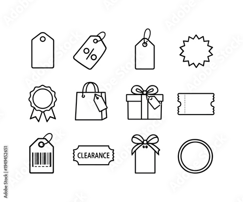 Sale discount tags: price tag, percent discount tag, hanging price label, sale badge starburst, ribbon badge, shopping bag with tag, gift box with tag, coupon ticket, barcode price
