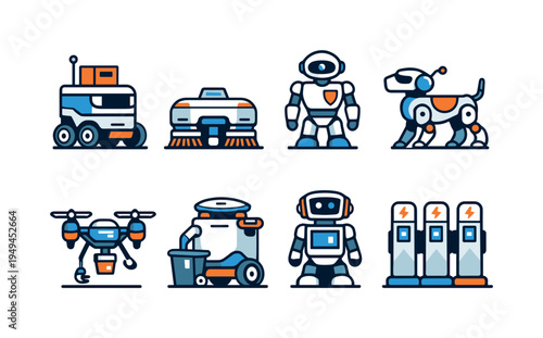 Futuristic urban robotics: delivery robot, sidewalk cleaning bot, security patrol droid, robotic dog companion, street maintenance drone, autonomous trash collector, info kiosk