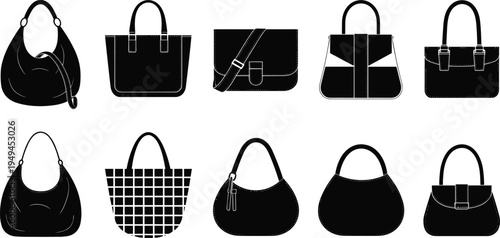 Collection of women fashion handbag silhouettes icons set, various purse and tote bag shapes, vector female accessories for shopping design.