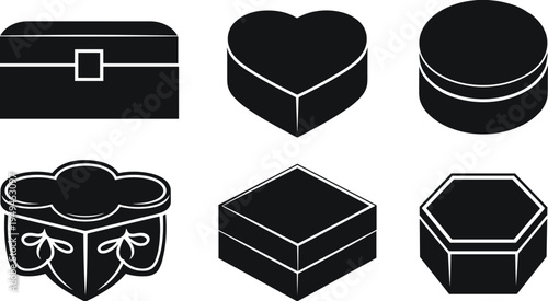 Detailed jewelry box silhouettes including heart round and hexagonal gift cases isolated on white background for professional vector design icons.