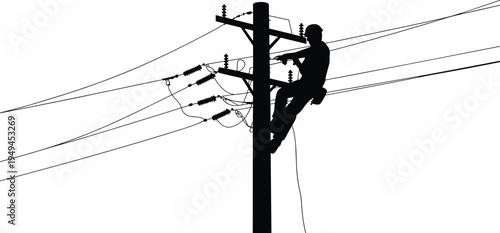 Electric lineman silhouette working on high voltage power lines utility pole for electrical maintenance infrastructure repair and energy industry service