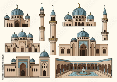 Islamic architecture elements with domes and minarets in beige and blue tones