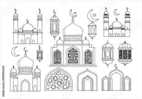 Islamic architecture elements mosques domes minarets crescents stars lanterns  various designs