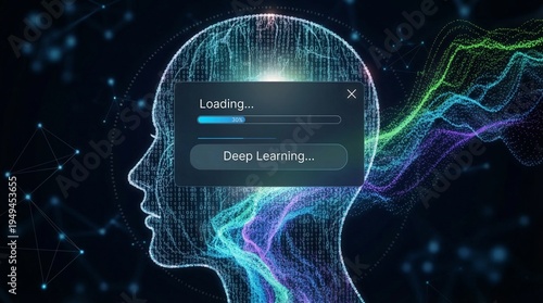Abstract digital human head silhouette with glowing brain activity and a 'Deep Learning' loading bar, symbolizing AI, machine learning, and technological innovation on a dark background.