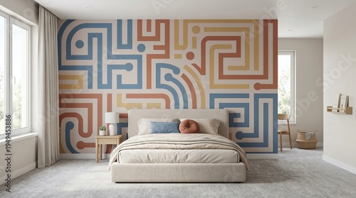 Modern bedroom interior with large wall decorated with colorful geometric pattern. FunHaus. Contemporary home decoration with abstract maze mural. Minimalist design for residential house renovation.