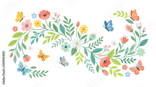 Colorful butterflies and flowers wreath.