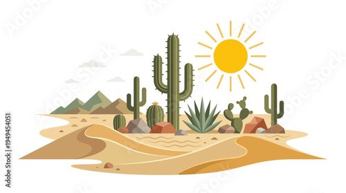 Desert Landscape with Cacti Plants.