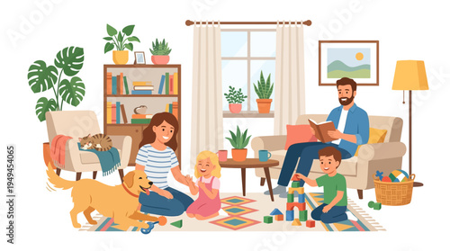 Family Playing With Dog Inside.