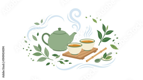 Green Teapot and Tea Cups.