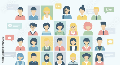 Diverse People Avatars in Social Media Style Grid with Likes and Messages