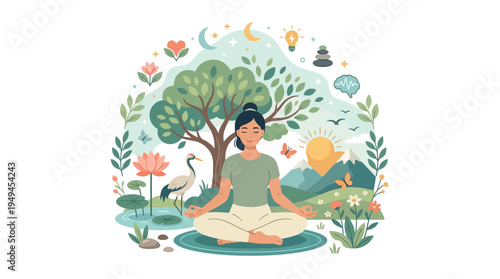 Woman Meditates in Nature Outdoors.