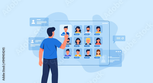 Man selecting profile from a grid of diverse people on a digital interface, recruitment concept