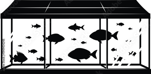 Black silhouette aquarium fish tank with multiple tropical fish underwater scene, marine life illustration, aquatic animals in glass aquarium vector