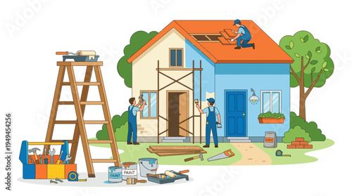 Workers repairing a house roof.