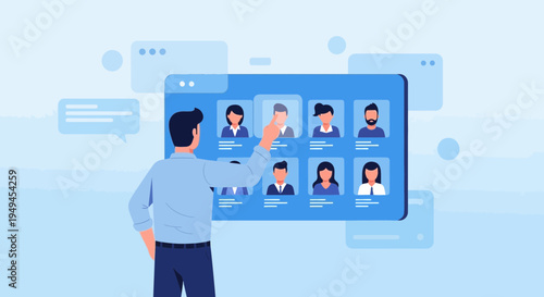 Recruitment concept: Manager selecting candidate from online employee database on digital screen