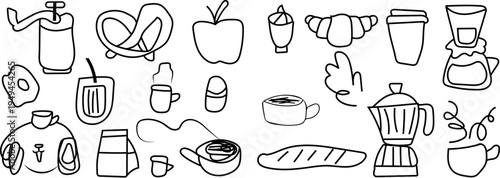 A collection of simple line art illustrations featuring various breakfast and coffee time items