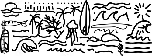 A collection of hand drawn beach and summer themed doodle icons in a simple black line art style