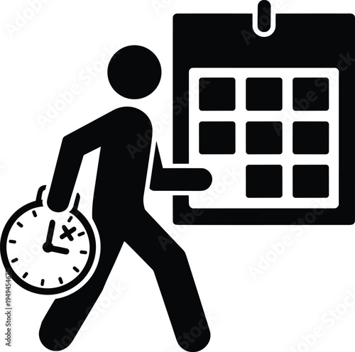 Business schedule management icon with person carrying clock and calendar, time planning concept, appointment reminder vector illustration