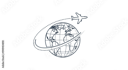 Line art illustration of an airplane flying around a globe, symbolizing global travel and international connections.