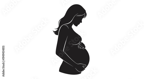 A black silhouette of a pregnant woman gently cradling her baby bump, symbolizing motherhood and anticipation.