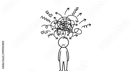 A simple black and white drawing of a person with a chaotic tangle of thoughts and arrows above their head, symbolizing confusion, stress, or mental overload.