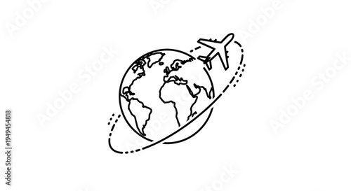 Line art illustration of an airplane flying around the Earth globe, symbolizing global travel and international aviation.