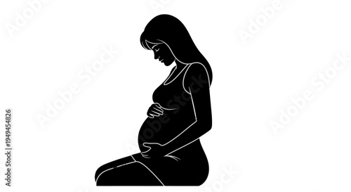 Black silhouette of a pregnant woman kneeling and gently holding her baby bump, symbolizing motherhood and anticipation.