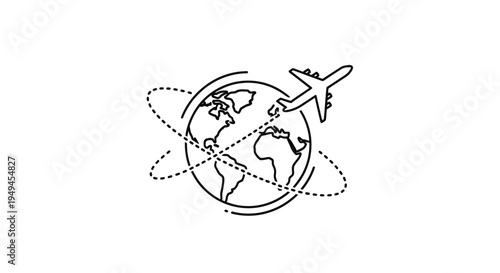 Line art illustration of an airplane flying around the globe, symbolizing global travel and international flights.
