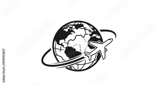 Stylized black and white logo featuring an airplane circling a globe, symbolizing global travel and international transportation.