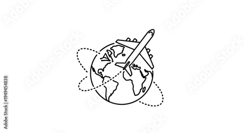 Line art illustration of an airplane circling a globe, symbolizing global travel and international transportation.
