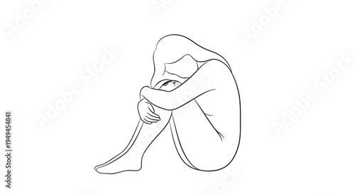 Minimalist line art drawing of a person curled up in a fetal position, depicting introspection or sadness.