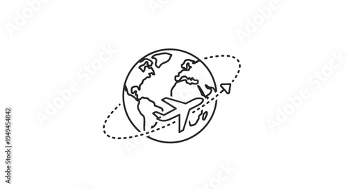 A minimalist line art illustration depicting an airplane flying around the globe, symbolizing international travel and global connectivity.
