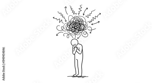 Simple hand-drawn illustration of a person experiencing mental distress, confusion, and overwhelming thoughts, depicted by a tangled mess of lines and arrows above their head.