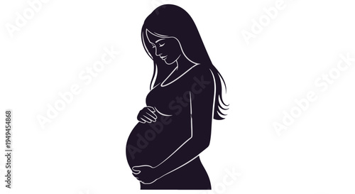 Silhouette of a pregnant woman gently cradling her baby bump, depicting motherhood and anticipation of new life.