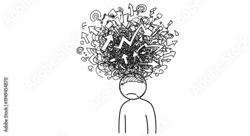 A simple line drawing of a person with a chaotic tangle of arrows and symbols above their head, representing confusion, stress, or mental overload.