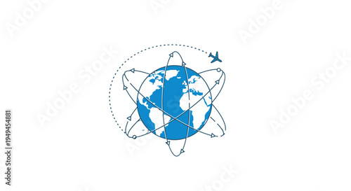 Blue globe with orbiting dotted lines and an airplane, symbolizing global travel, connectivity, and international logistics on a white background.