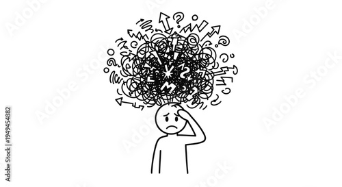 A stick figure character experiencing confusion, stress, and overthinking with a tangled mess of thoughts and symbols above its head.