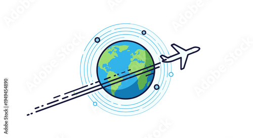 A simple, clean illustration of an airplane flying around the globe, symbolizing global travel and international journeys.