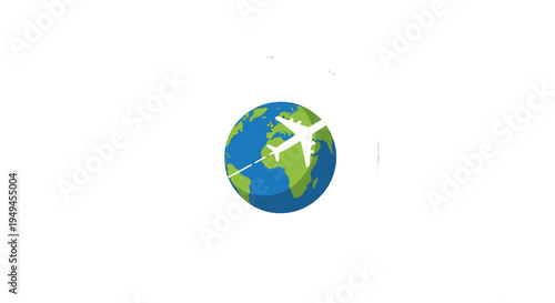 A stylized illustration of an airplane flying around a blue and green Earth globe, symbolizing global travel and international flights and connections.