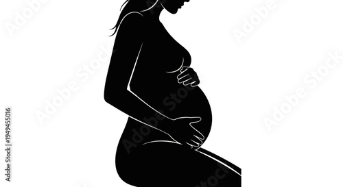 Elegant black silhouette of a pregnant woman kneeling, gently cradling her baby bump, symbolizing motherhood and new life.