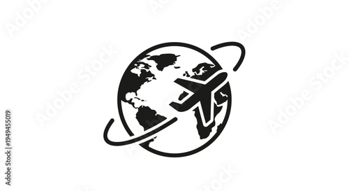Black and white icon depicting an airplane circling a globe, symbolizing global travel and international transportation.