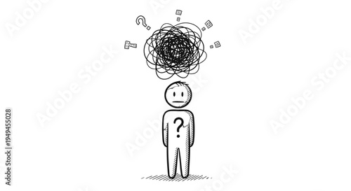 A simple black and white doodle of a person with a tangled mess of thoughts and question marks above their head, representing confusion or overthinking.