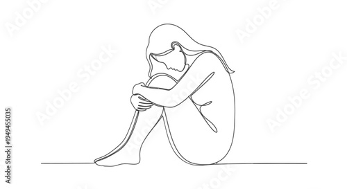 Continuous line drawing of a woman sitting with her knees hugged, depicting introspection, sadness, or vulnerability.