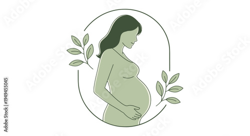 Illustration of a pregnant woman gently holding her baby bump, framed by natural green leaves, symbolizing maternity and new life.